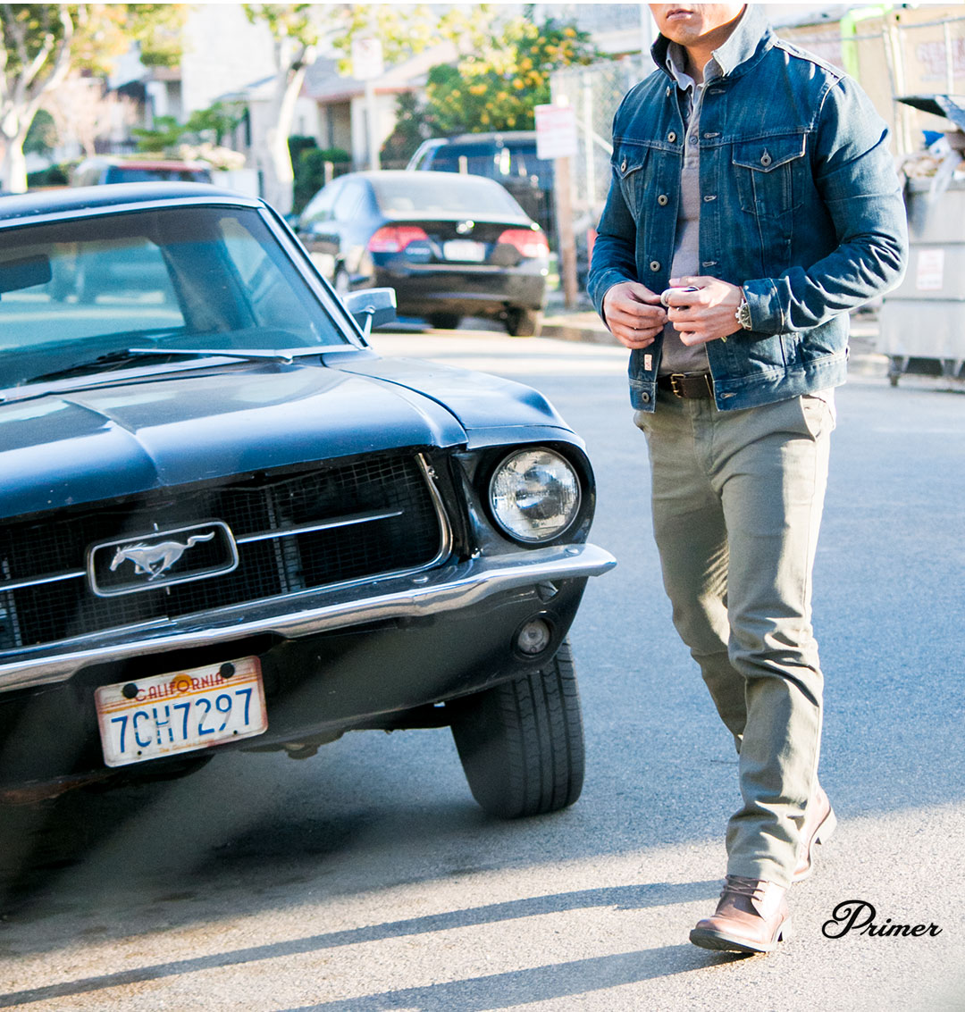 Men's outfit ideas   denim jacket   Ford Mustang