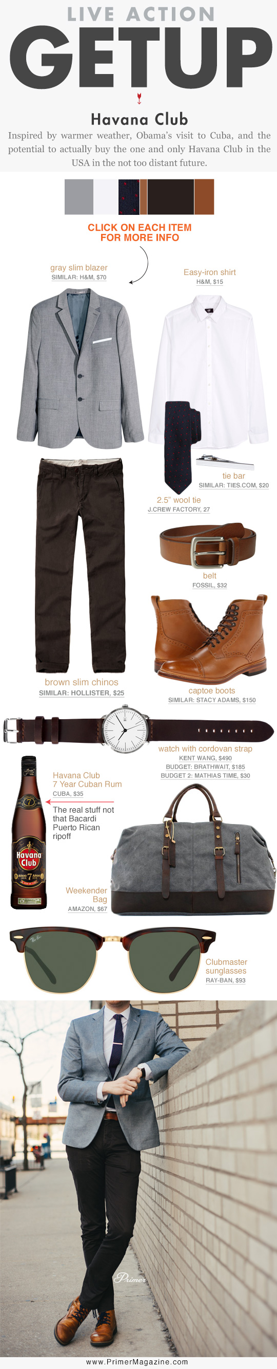 Getup Havana Club - Gray blazer, white shirt and tie, brown pants, and tan boots