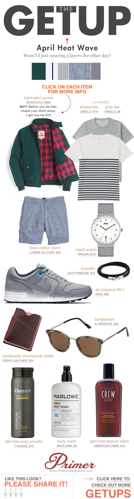 The Getup - April Heat Waves - summer outfit inspiration featuring green jacket, striped shirt, and sneakers