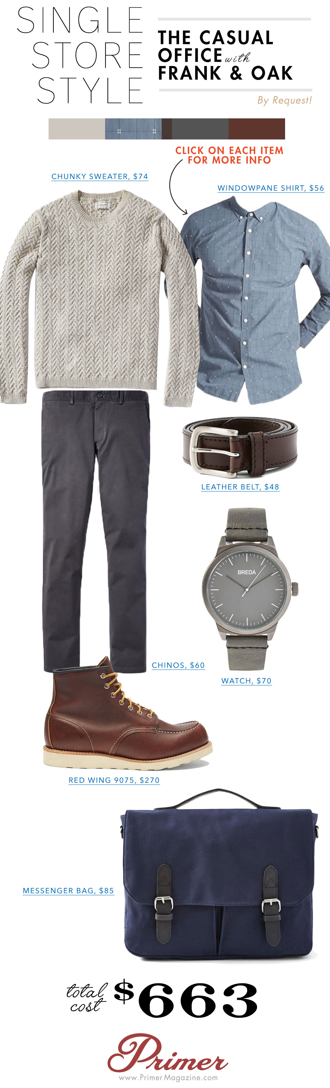 Single Store Style Frank and Oak - Gray sweater, blue shirt, gray pants and boots
