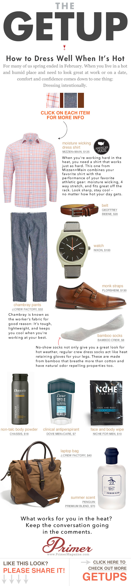The Getup How to Dress Well When It\'s hot - outfit inspiration featuring tech fabrics and brown shoes