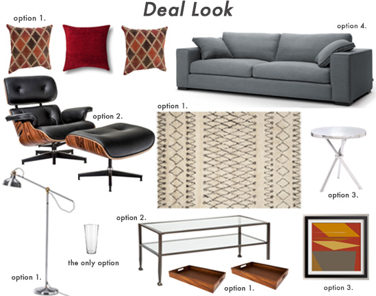 A collage of living room items including a couch, chair, table, rug, and light