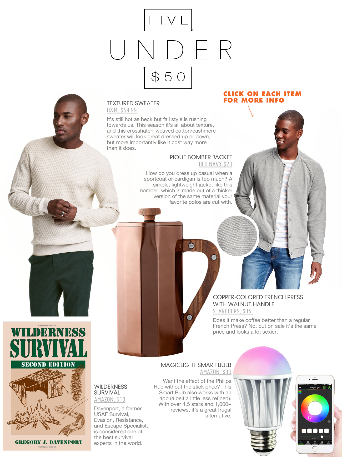5 under 50 including sweater, bomber jacket, french press, book, and led light