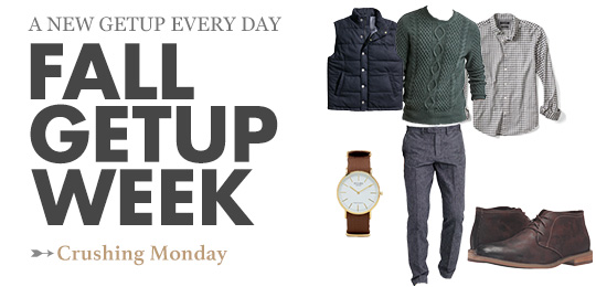 Fall Getup Week Crushing Monday outfit with vest, sweater and blue pants