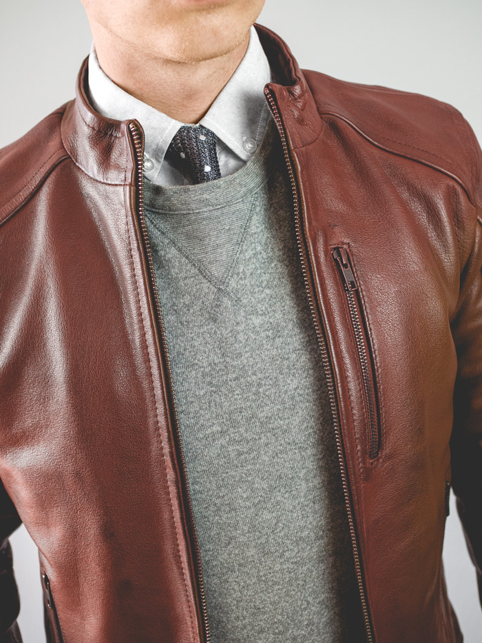 Leather jacket with tie