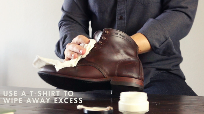 Use a t shirt to wipe away excess shoe cream