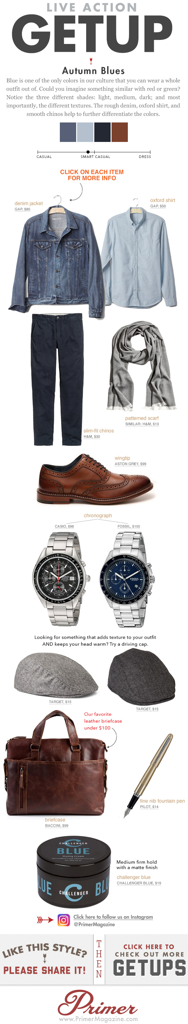 The Getup Autumn Blues outfit inspiration featuring denim jacket and wingtip shoes