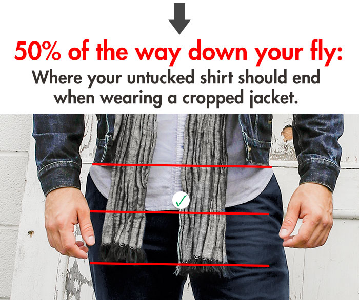 Where your untucked shirt should end when wearing a cropped jacket