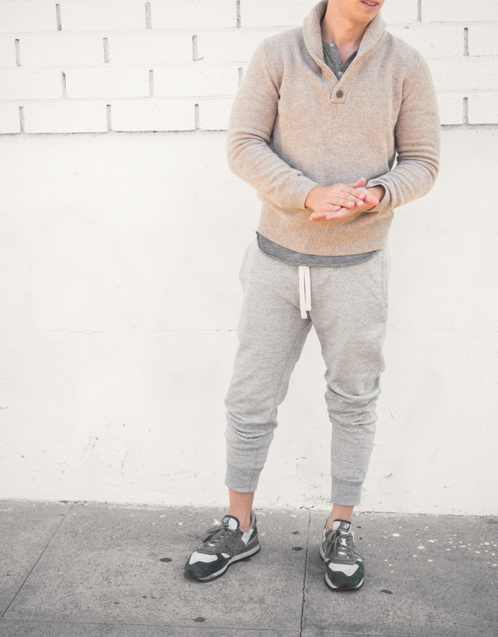Shawl collar sweater with sweatpants outfit inspiration