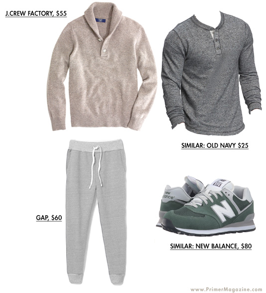 Tan sweater outfit example with sweatpants