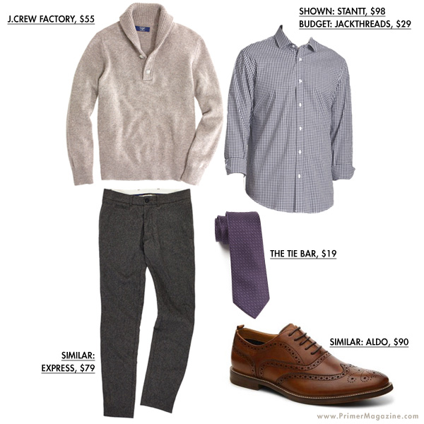 Tan sweater outfit example with dress shoes