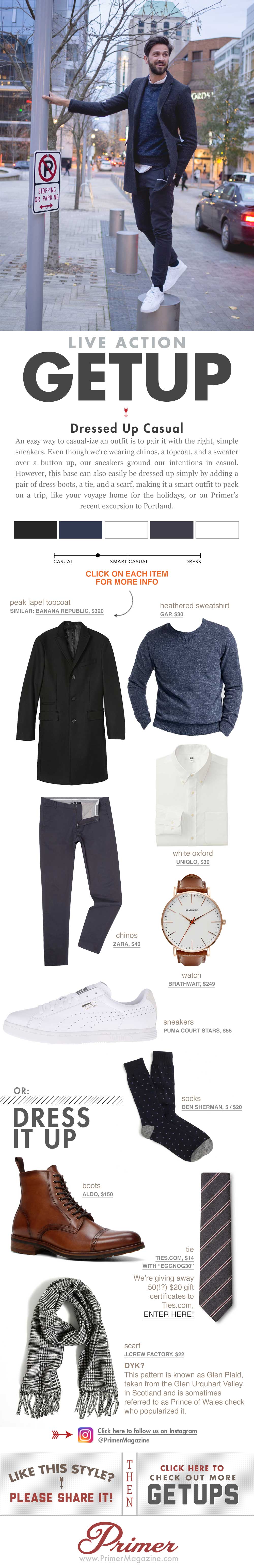 The Getup Dressed up Casual - inspiration with topcoat, chinos, and sneakers