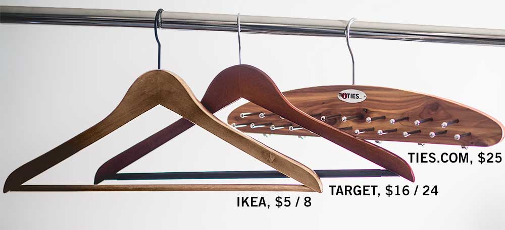 wooden hangers and tie rack to help organize your closet