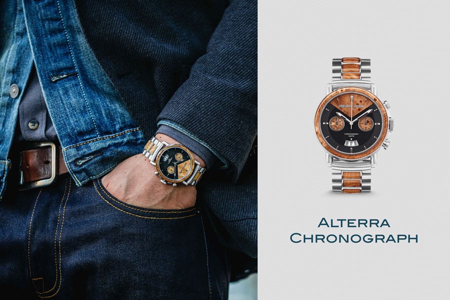 Fashion forward wood and stainless steel chronograph style watch from original grain
