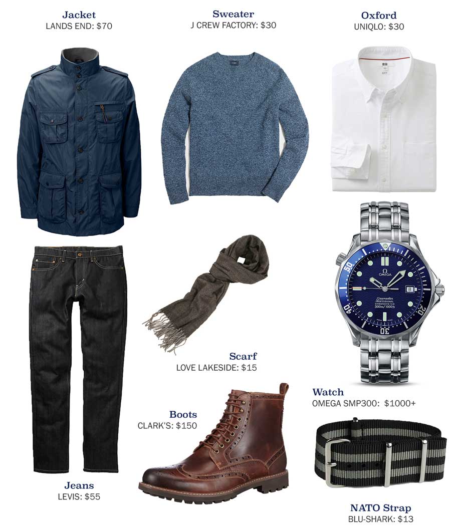 An outfit made with a blue military jacket and blue jeans