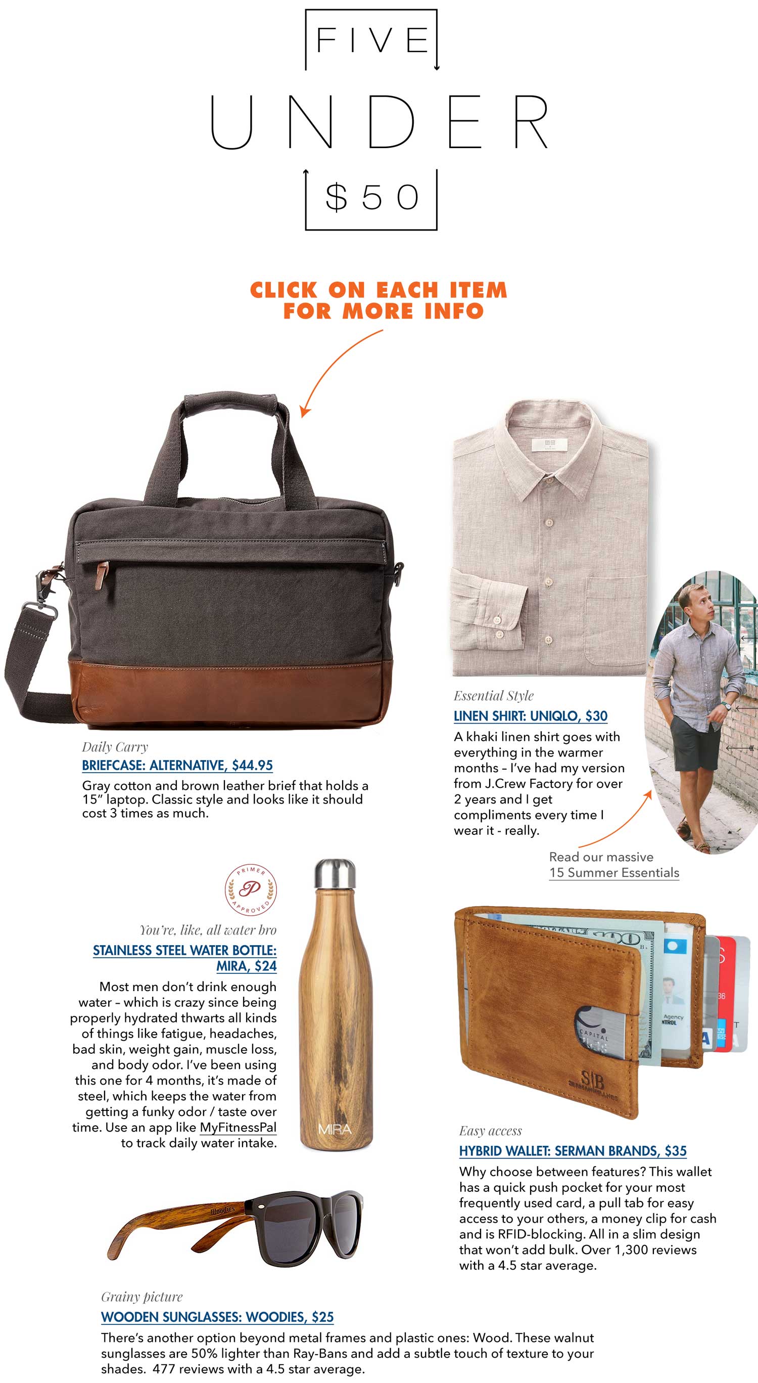 5 under 50 with briefcase linen shirt, wallet, water bottle, and sunglasses