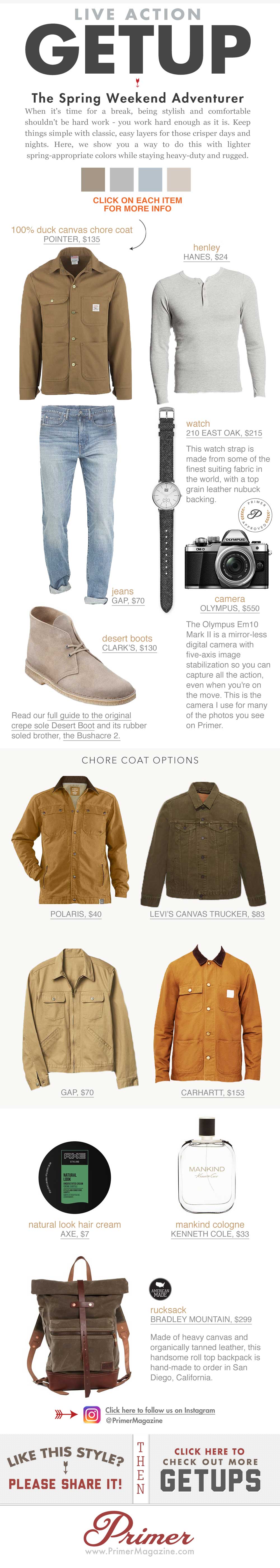 The Getup, spring outfit inspiration with tan coat gray henley, jeans, and desert boots