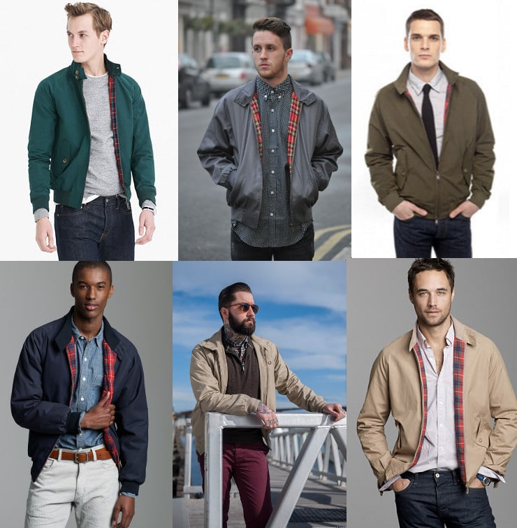 6 photos of men wearing harrington jackets