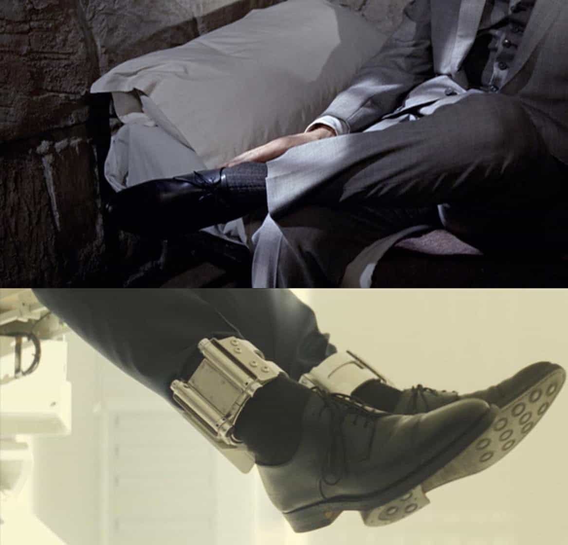 Comparison image showing the evolution of Bond's derby dress shoes from Goldfinger to contemporary
