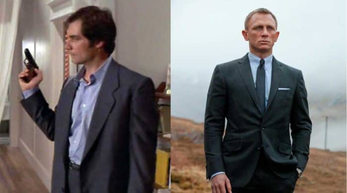 Timothy Dalton as James bond in a blue suit and Daniel Craig in a tailored suit as James Bond