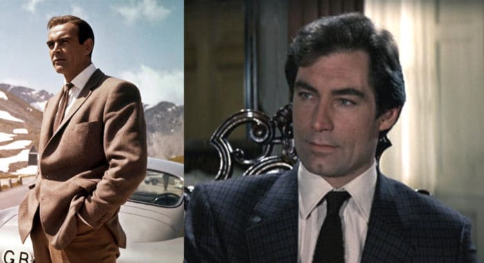 Comparison image showing Sean Connery and Timothy Dalton wear interesting suit patterns to fit their surroundings