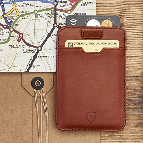 A Vaultskin Chelsea Slim Card Sleeve Wallet with RFID Protection in tan leather