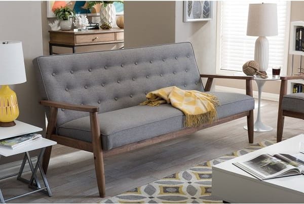 Baxton Studio Sorrento Mid Century Retro Modern Fabric Upholstered Wooden 3 Seater Sofa, Grey, $365.99