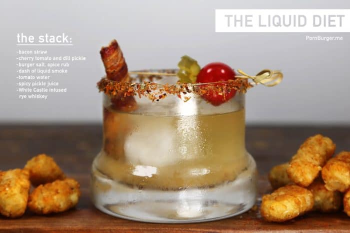 Image of a deconstructed burger: a cocktail with burger accents