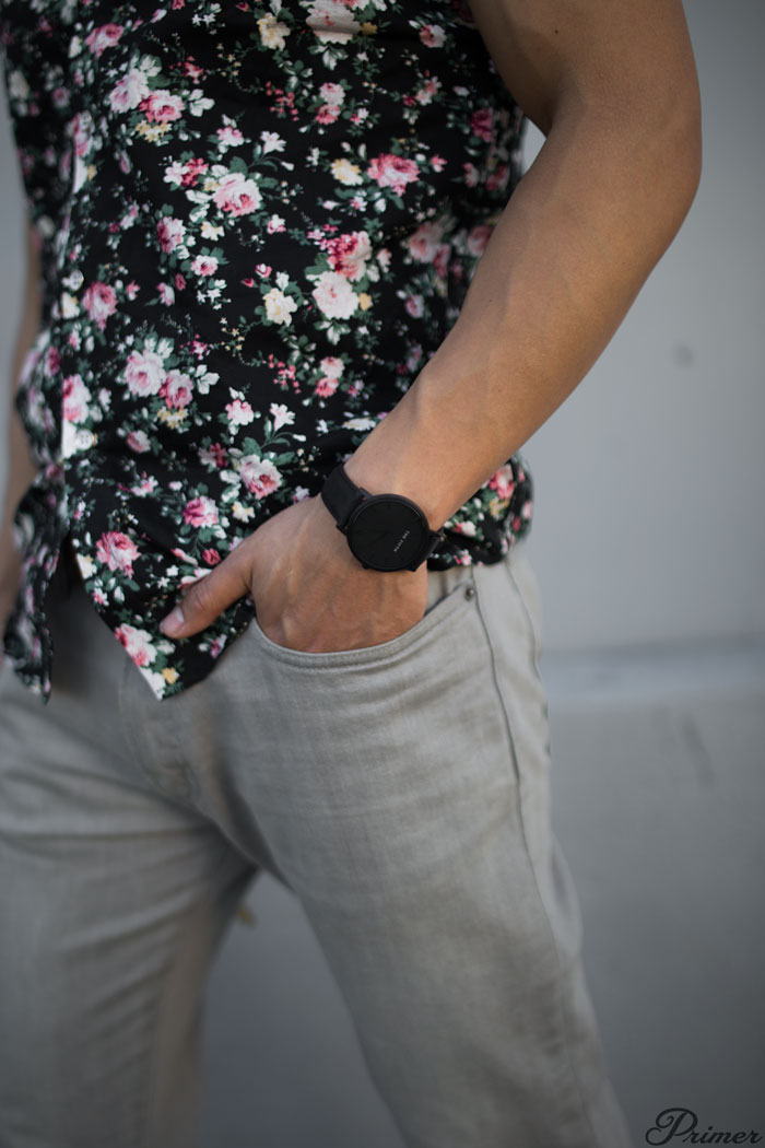 modern floral shirt black watch gray jeans   men summer outfit