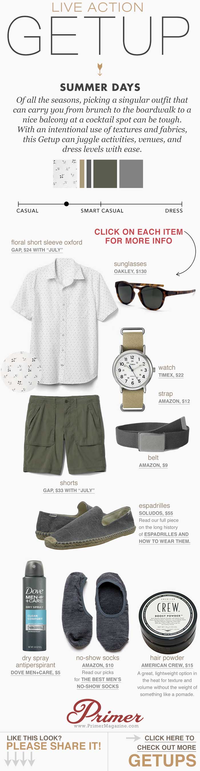 Men summer shorts outfit inspiration floral short sleeve oxford green hiking shorts gray espadrilles   The Getup by Primer