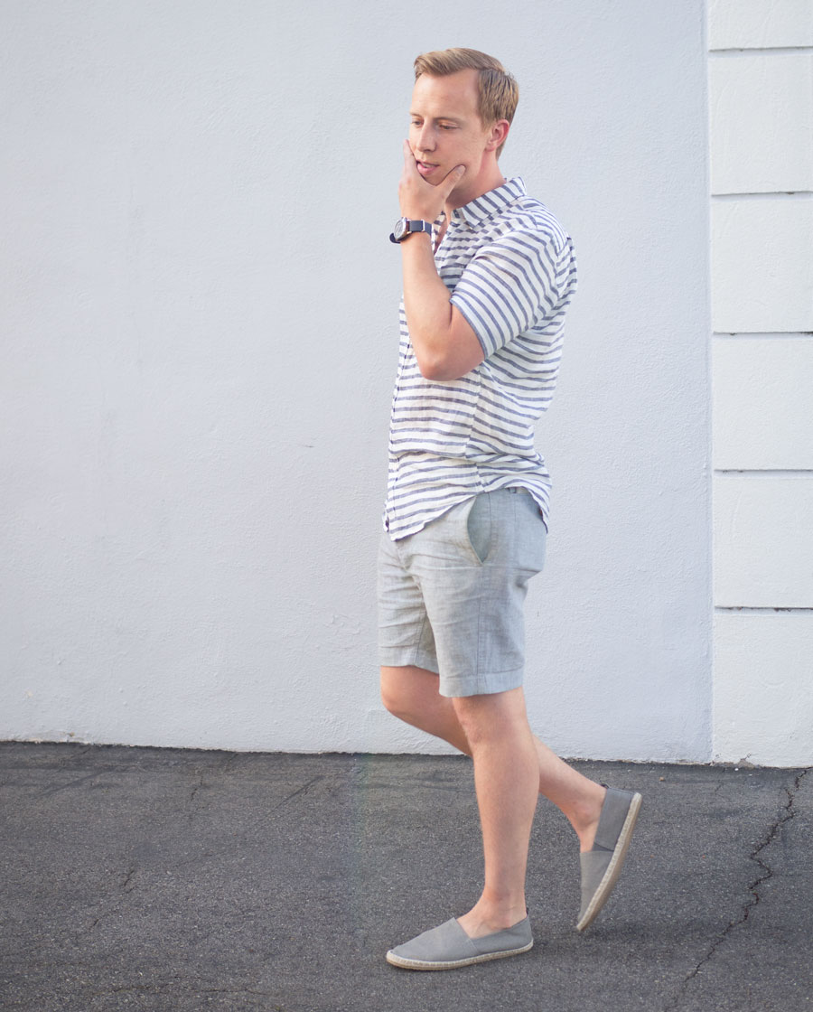 Linen shirt and shorts espadrilles   men summer style outfit ideas