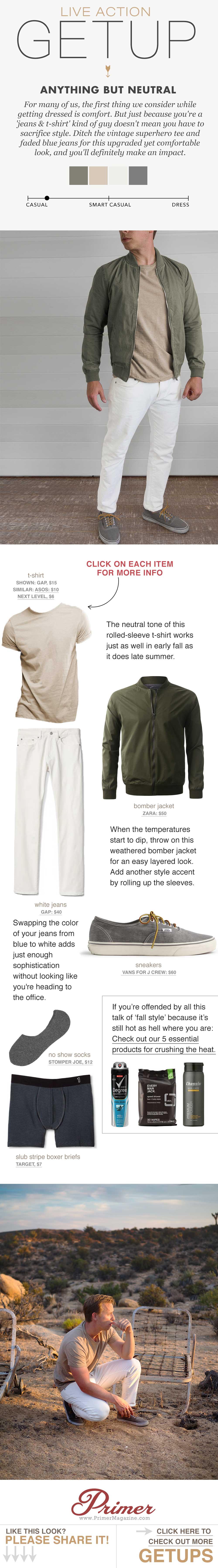 mens fashion inspiration white jeans tan tshirt green bomber jacket
