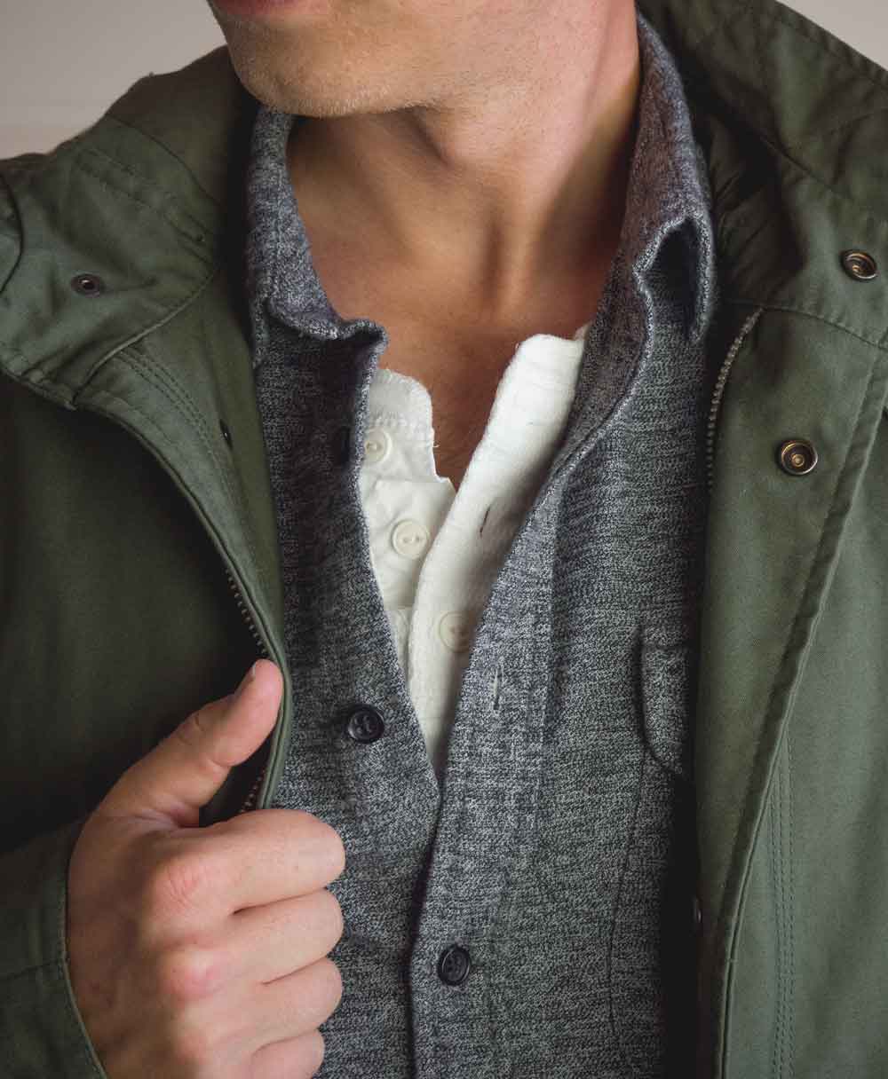 gray shirt white henley green jacket   men fall style outfit ideas