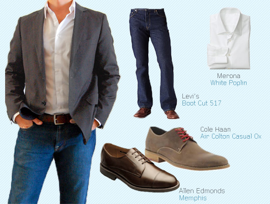 Date outfit collage with sportcoat, white shirt, jeans, and dress shoes