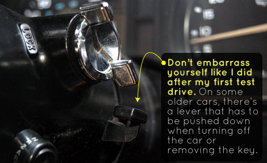 Close up of ignition release switch - Don\'t embarrass yourself like I did after my test drive