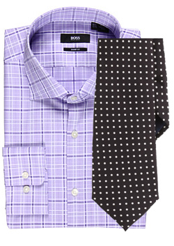 Purple shirt with black dotted tie