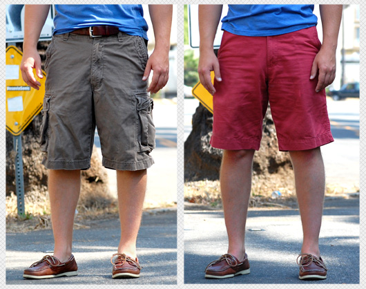 side by side comparison of a man wearing cargo shorts and a man wearing dock shorts