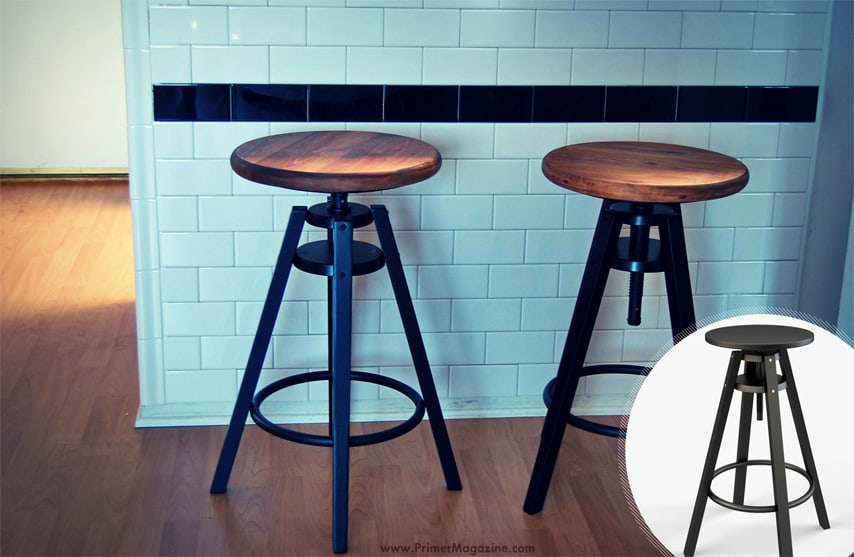 Black Ikea stools with wooden tops added
