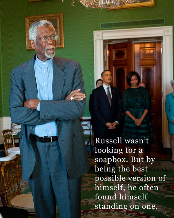 Photo of Bill Russel with text "Russell wasn’t looking for a soapbox. But by being the best possible version of himself, he often found himself standing on one."