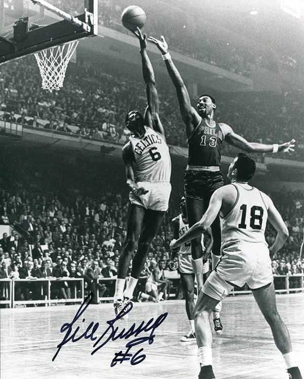 autographed photo of bill russell blocking wither chamberlain
