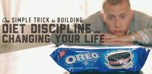 man looking at package of oreos with text One Simple Trick to Building Diet Discipline and Changing Your Life