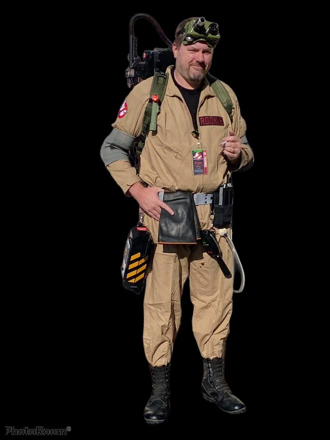 image of man wearing a ghostbusters halloween costume