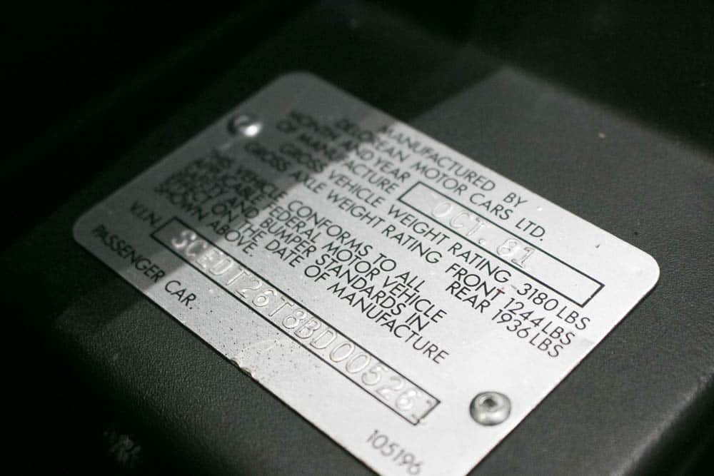 equiptment label on part of Delorean car from Back to The Future