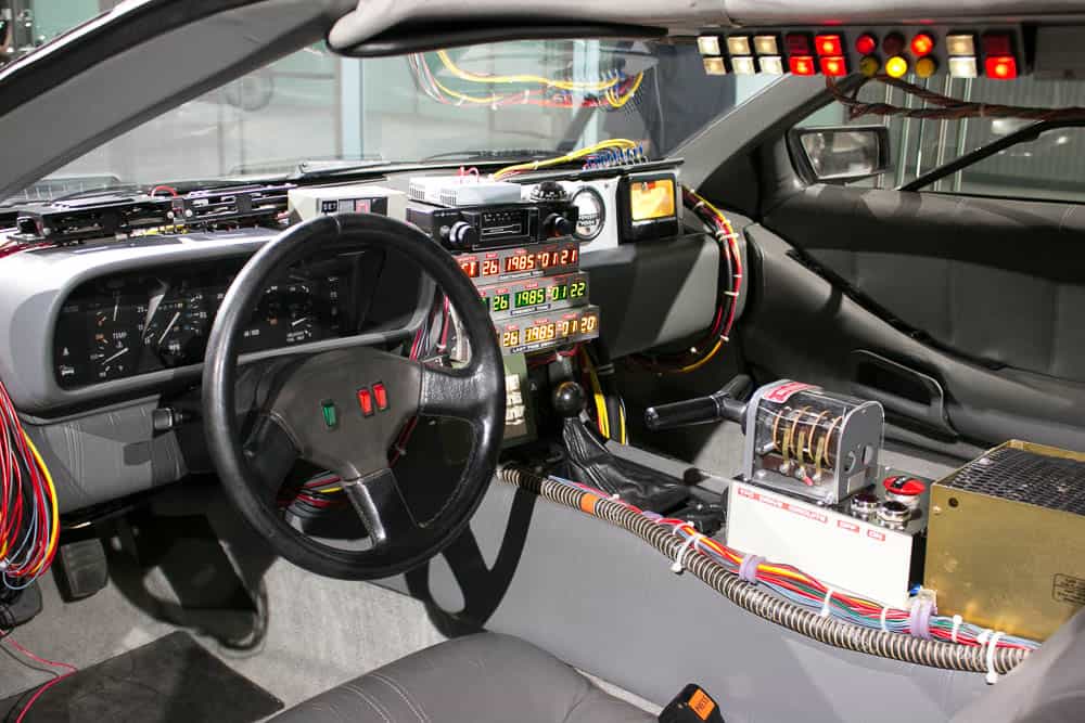 steering wheel and interior of Delorean car from Back to The Future