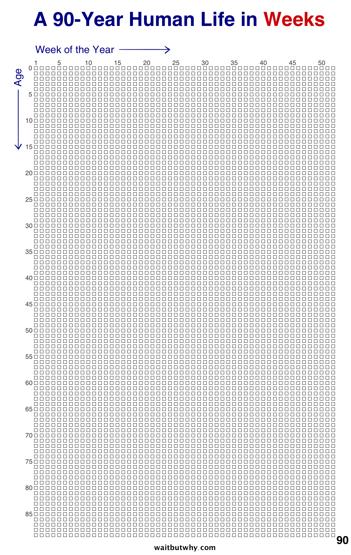 A 90-Year Human Life in Weeks: A grid of 52 bubbles acrross by 90 rows, illustrating a bubble for each week of a 90 year life