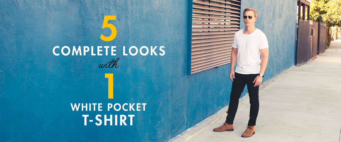 5 Complete Looks with 1 White Pocket T-Shirt