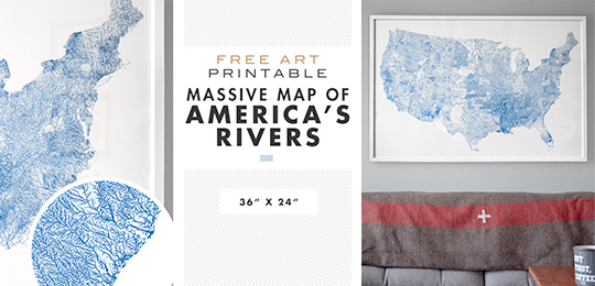 Free Printable Wall Art: Massive Map of America’s Rivers – 36″ x 24″