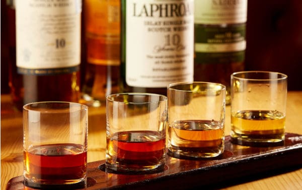 Whiskey flight with variety of high end whiskies