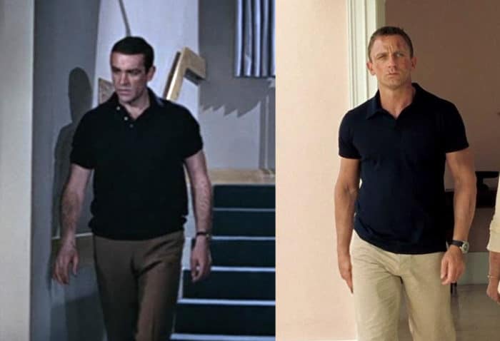 A comparison image between Sean Connery and Daniel Craig's classic casual polo look