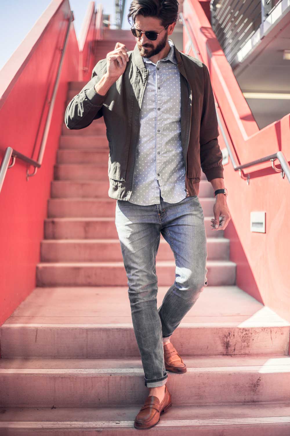 a man wearing an Amazon outfit of a jacket, button up shirt, denim jeans, and loafers 